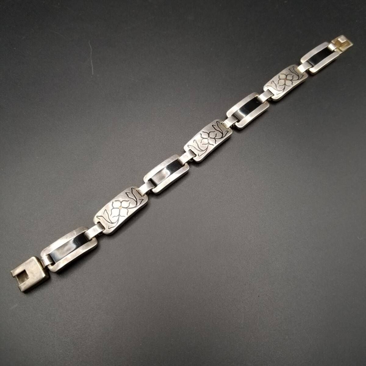 メキシコ 925 シルバー フローラル パネル オニキス インレイ