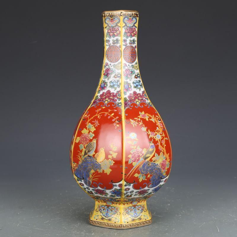 エナメル色磁器花鳥瓶 景徳鎮 陶磁器 注文 装飾品 現代工芸品 美術品 置物