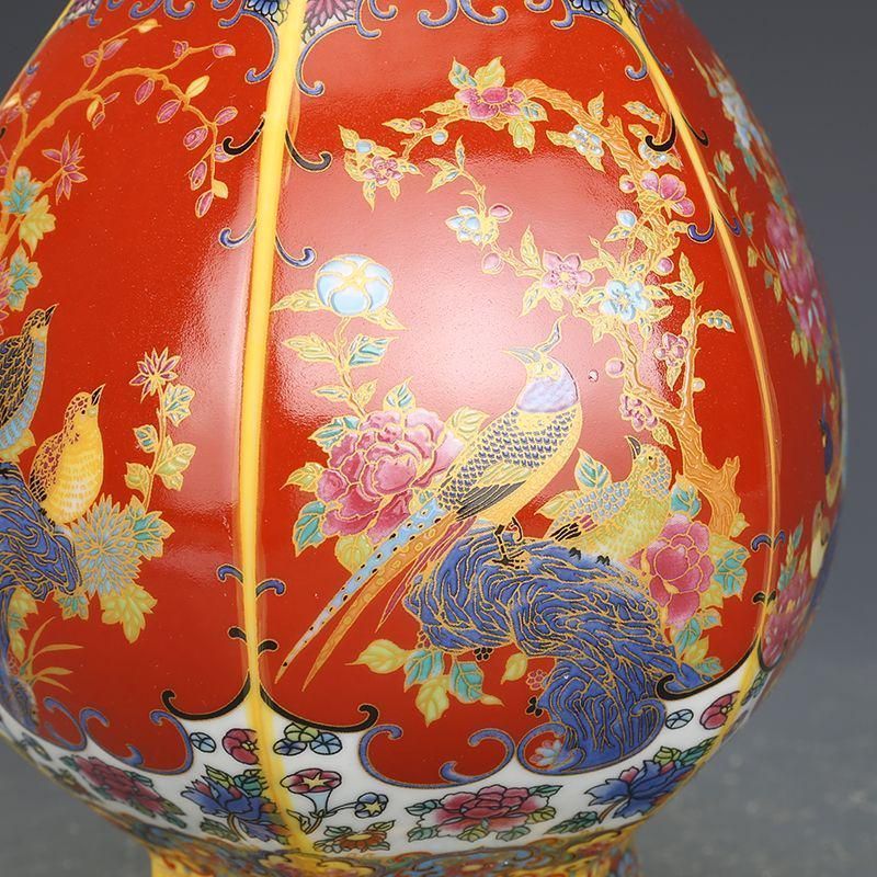 エナメル色磁器花鳥瓶 景徳鎮 陶磁器 注文 装飾品 現代工芸品 美術品 置物