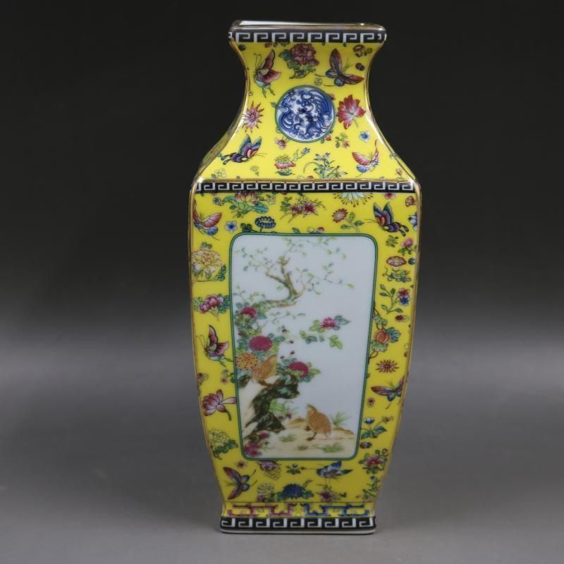 清乾隆琺瑯彩飄花黄地花鳥四方瓶 景徳鎮 陶磁器 装飾品 注文 現代工芸