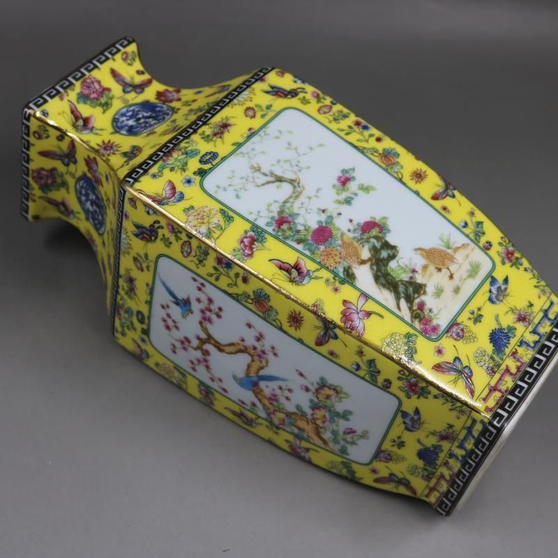 清乾隆琺瑯彩飄花黄地花鳥四方瓶 景徳鎮 陶磁器 装飾品 注文 現代工芸