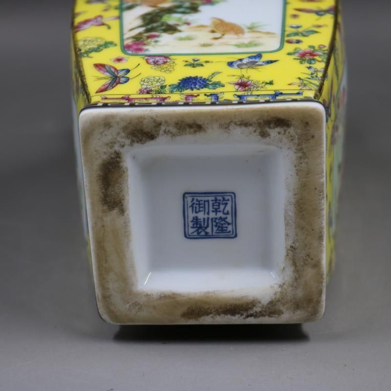 清乾隆琺瑯彩飄花黄地花鳥四方瓶 景徳鎮 陶磁器 装飾品 注文 現代工芸