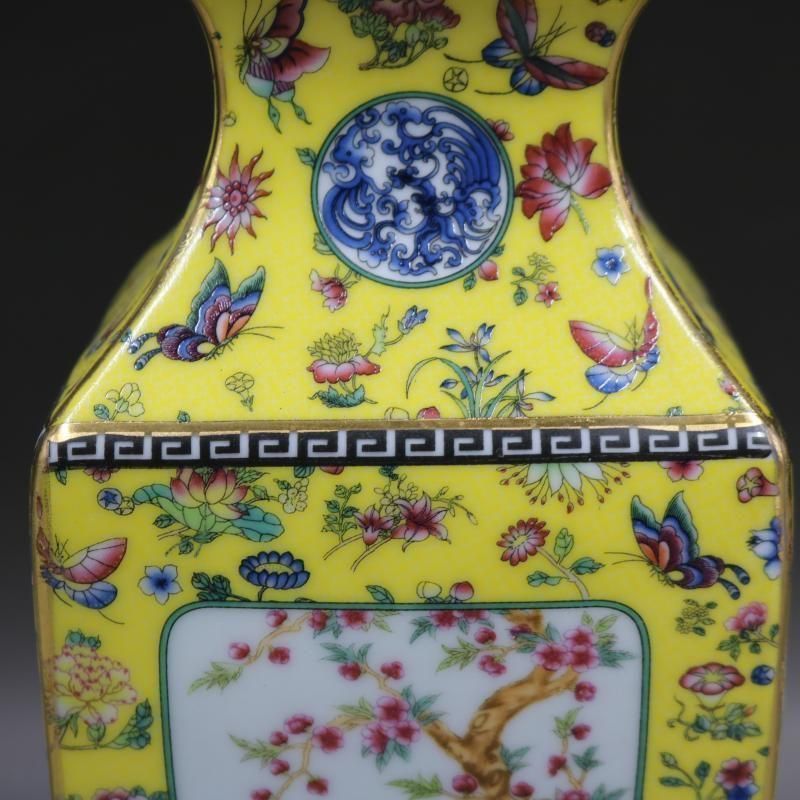 清乾隆琺瑯彩飄花黄地花鳥四方瓶 景徳鎮 陶磁器 装飾品 注文 現代工芸