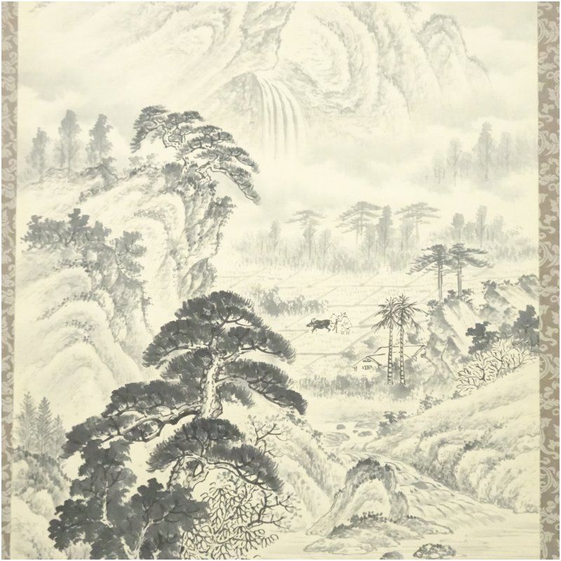 中国古美術 明代 文徴明作款 山水画 水墨画 絹本 三尺 手描き 掛け軸