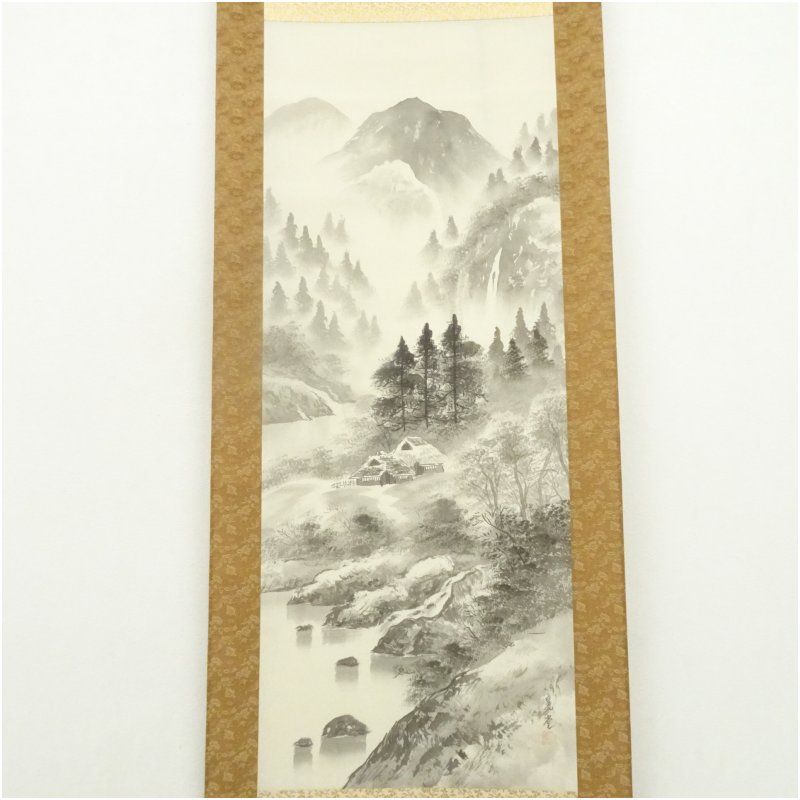 晴子 肉筆 掛け軸 山水画「雲是山手」共箱付き 和風インテリア 晴子