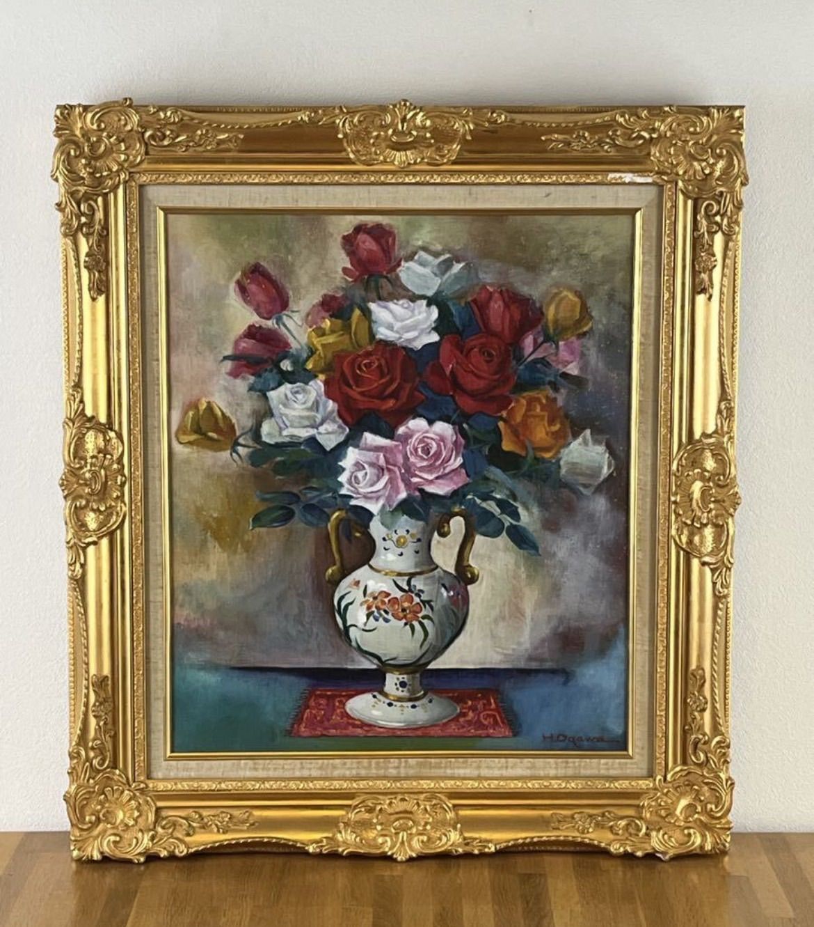 M.BROWN 」油絵 サインあり 薔薇 バラ 絵画 M.BROWN 」油絵 サインあり