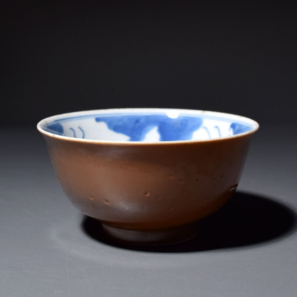 ショップ 中国 景徳鎮 封泥 青花金魚図褐紬茶碗 飯碗 ご飯茶碗 骨董品