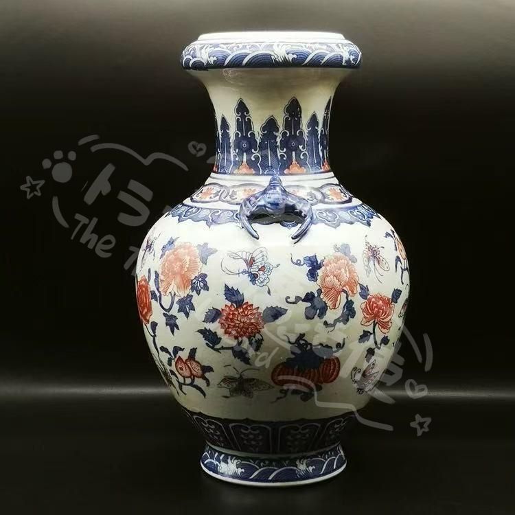 乾隆青花釉裏紅蝶花瓶 青花瓶 景徳鎮 陶磁器 装飾品 現代工芸