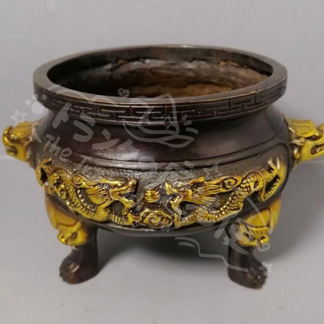 新年ギフト銅 細工 双龍戯珠銅壺 双獣頭香炉 筆洗 工芸品 節約 置物