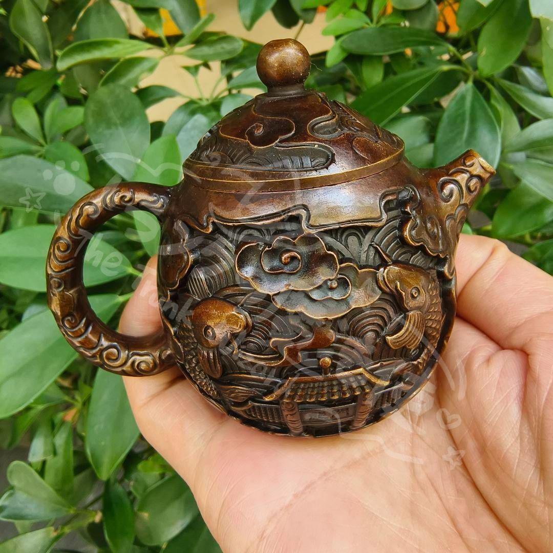 新年ギフト浮彫鯉躍龍門茶壺 酒壺 家庭茶道 工芸品 置物 節約 銅