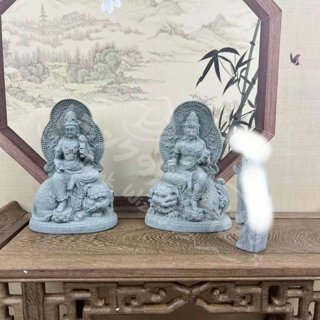 工場 新年ギフト仏教美術 青砂石仏像 文殊普賢仏像 居宅供養 客間