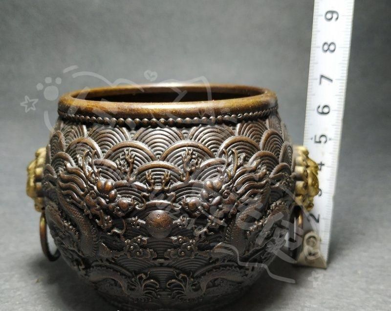 新年ギフト銅 細工 双龍戯珠銅壺 双獣頭香炉 筆洗 工芸品 節約 置物