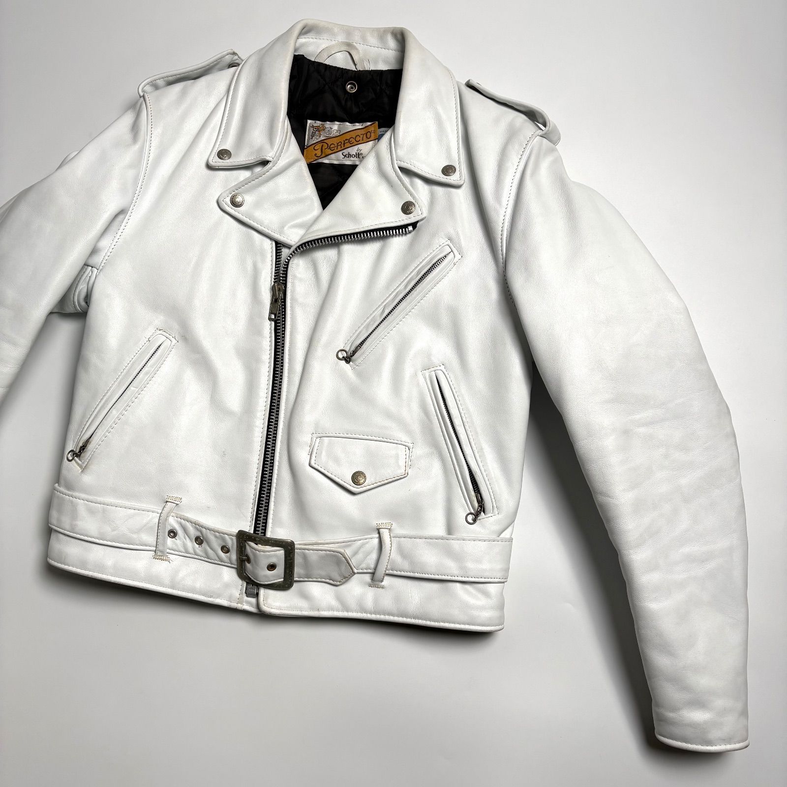 米国製】Schott レザー ライダースジャケット 白 40 ダブル 本革