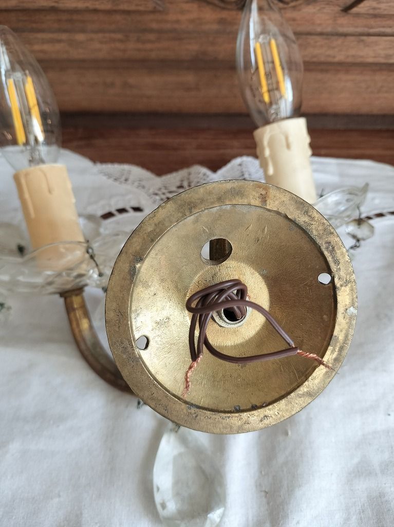 フランス アンティーク 壁かけ ランプ 割引 ガラスドロップ付き 2灯