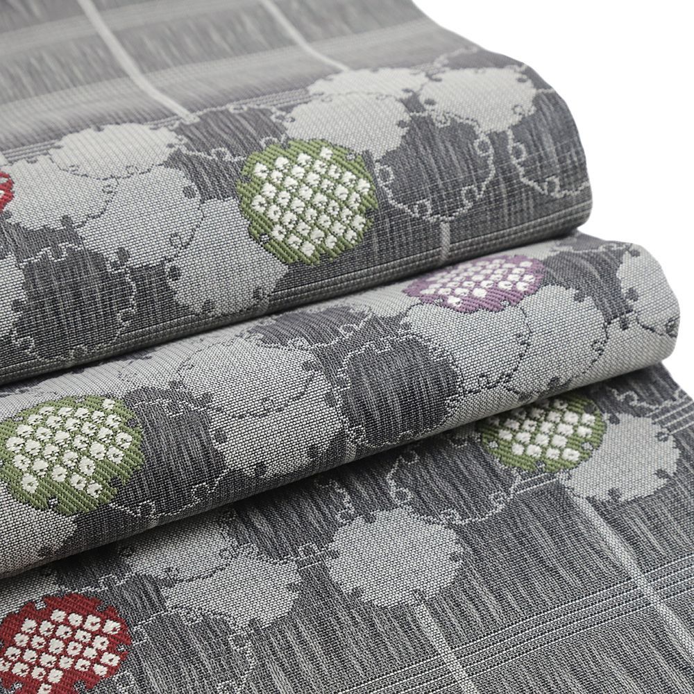 袋帯 弥栄織物 正絹 グレー 雪輪 格子 リサイクル 三重組織超軽量全通