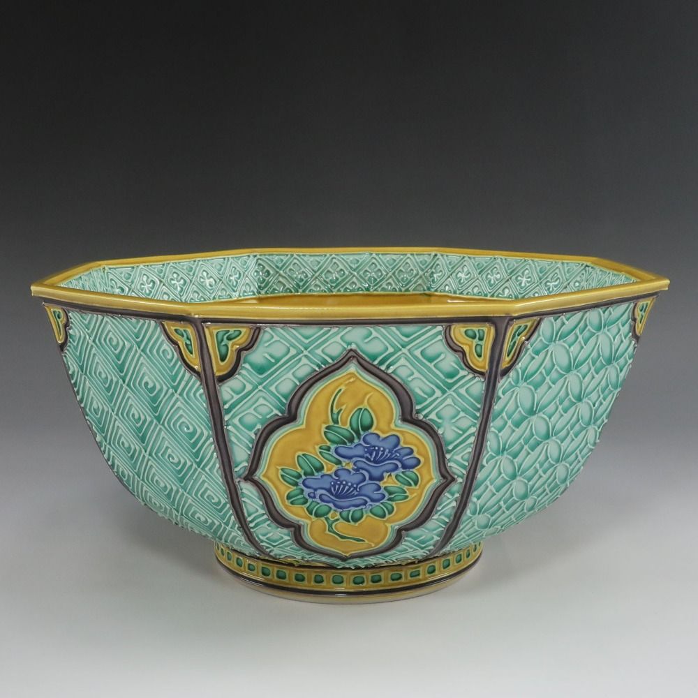 kyoyaki】京焼 中村翠嵐 作 古代黄交趾 八角草花鉢 陶磁器 _ 食器