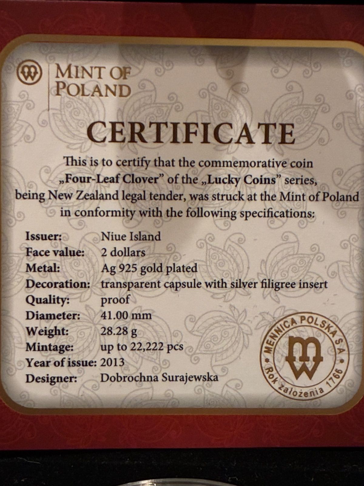 2013 ニウエ 幸運の四つ葉のクローバー 金メッキ 銀貨 コイン チャーム