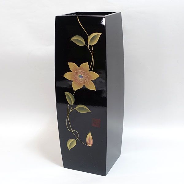 会津塗 花器 花瓶 黒漆 花文様 共箱付 飾り台付 高級漆芸品 会津塗