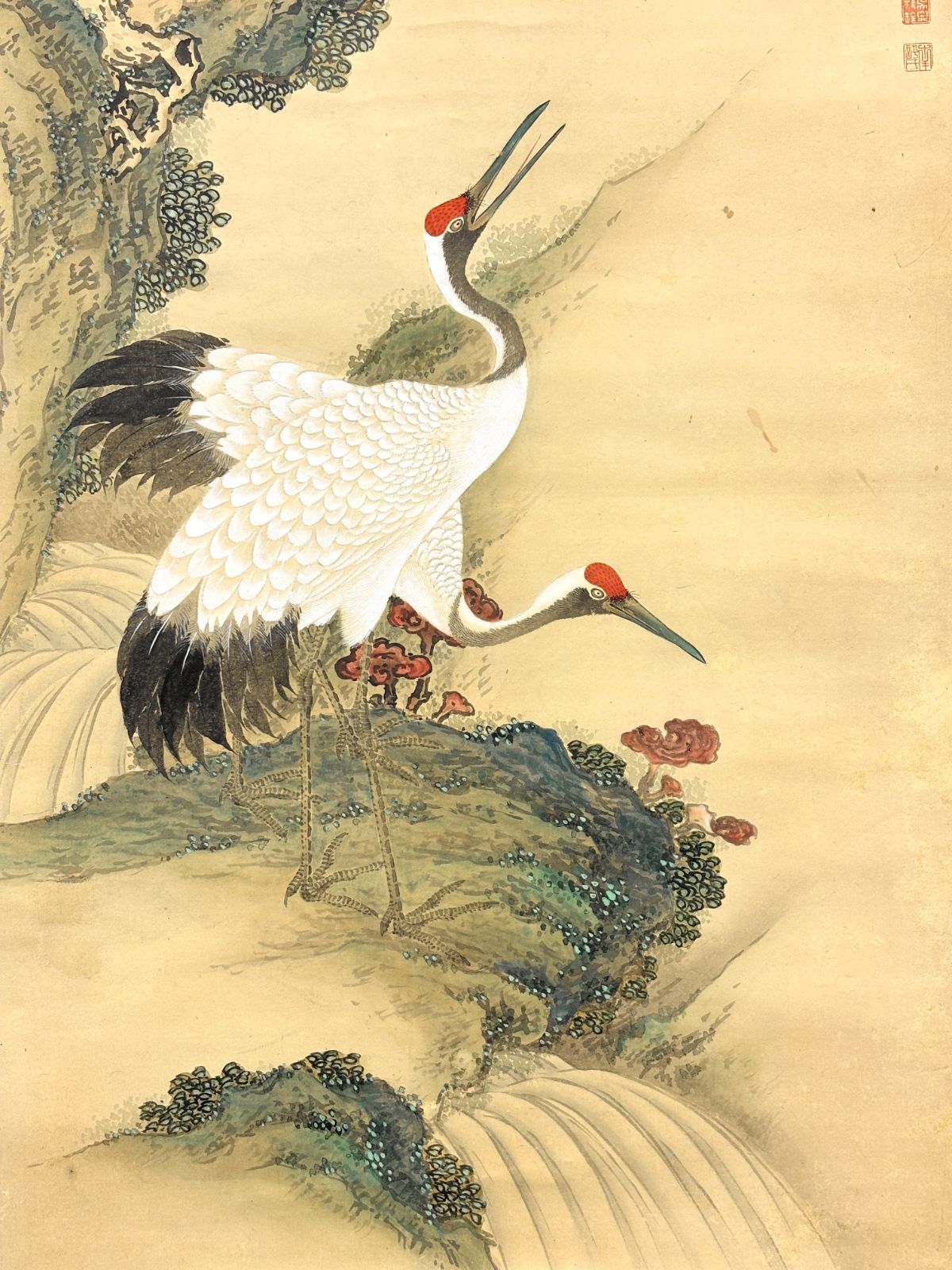 古美術】瀋南屏 「芝鶴延年」掛軸 銘・印あり：松に鶴 縁起物 長寿吉祥