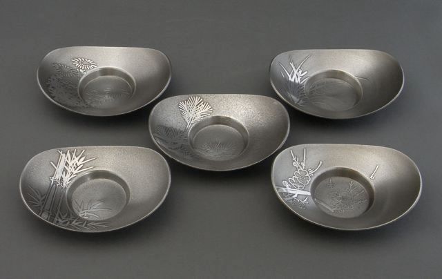 乾茂號（大阪錫器） 本錫製 茶托（イブシ小判）5枚組（蘭、竹、菊、梅