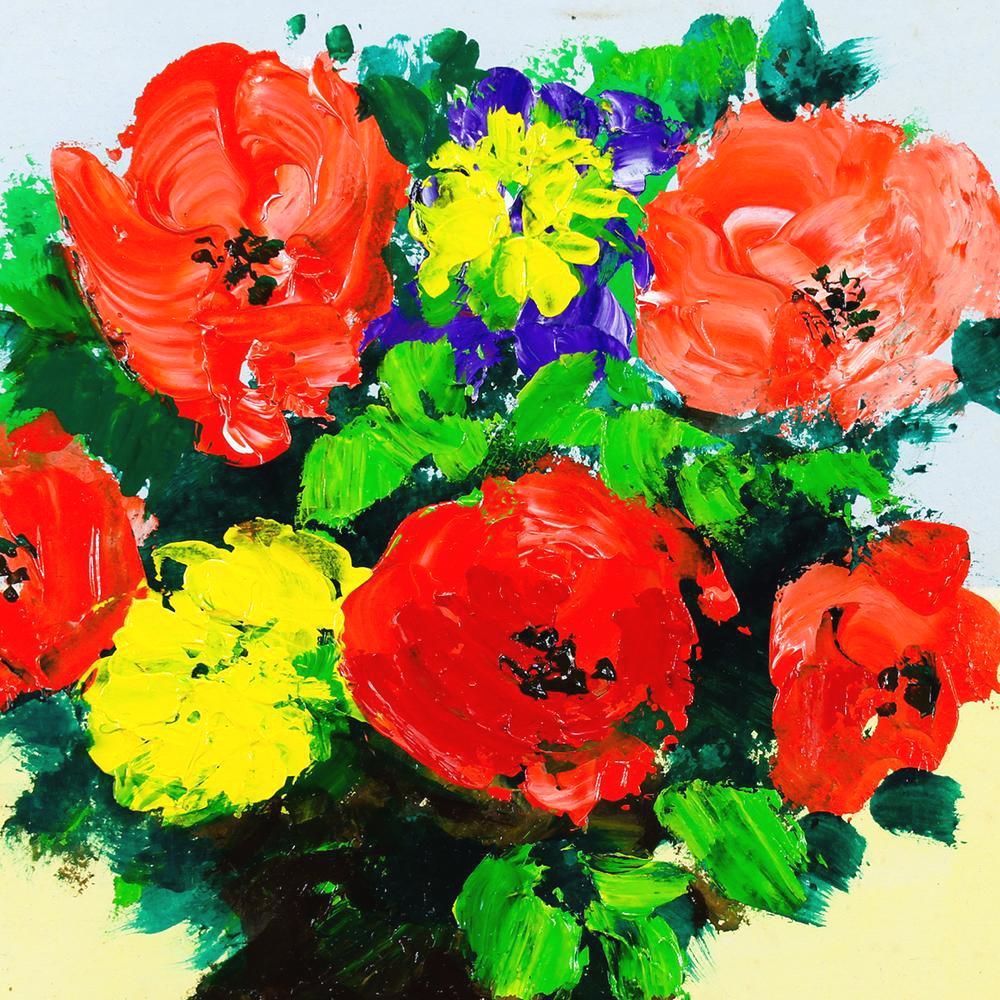 真作】【WISH】福沢一郎 紙に油彩 4号 ◇力強く咲き誇る花瓶の花 〇