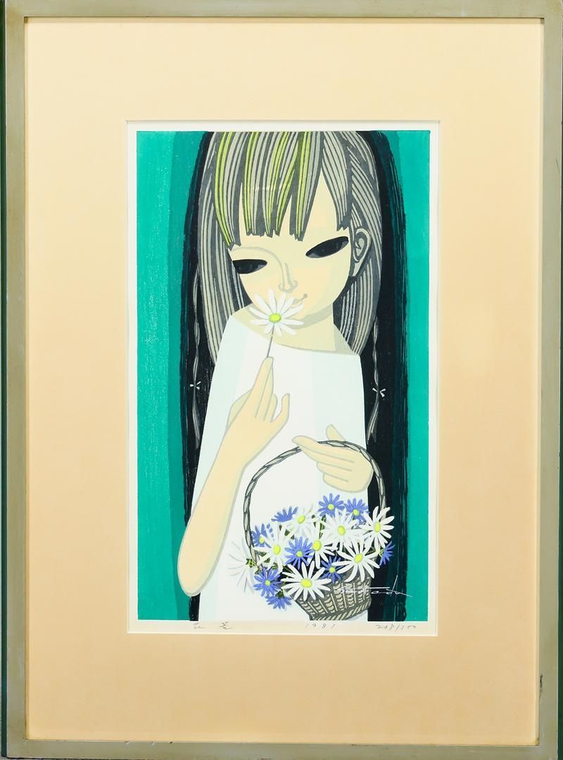 真作】【WISH】池田修三「花篭」木版画 5号 1981年作 直筆サイン 少女