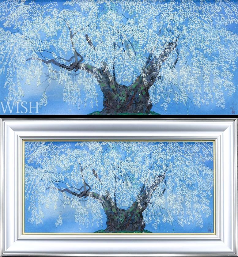真作】【WISH】中島千波「坪井の枝垂桜(2)」木版画 約20号 大作 直筆