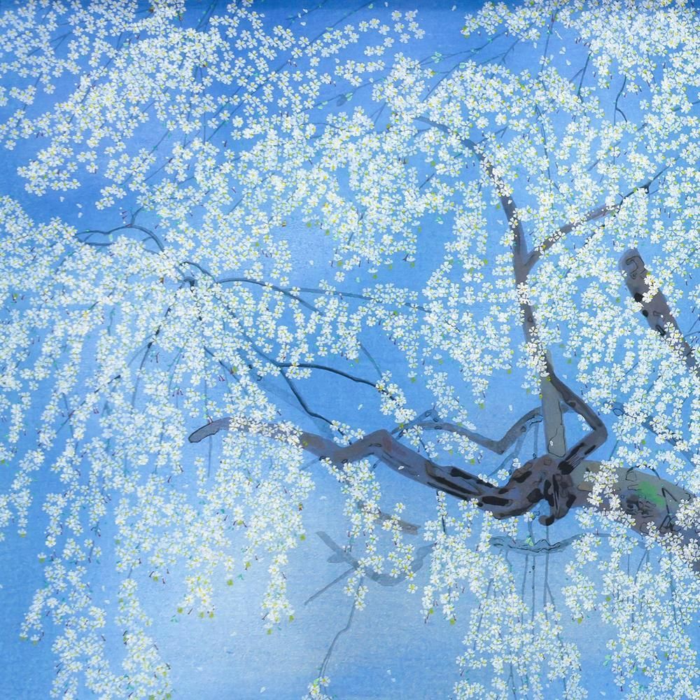 真作】【WISH】中島千波「坪井の枝垂桜(2)」木版画 約20号 大作 直筆