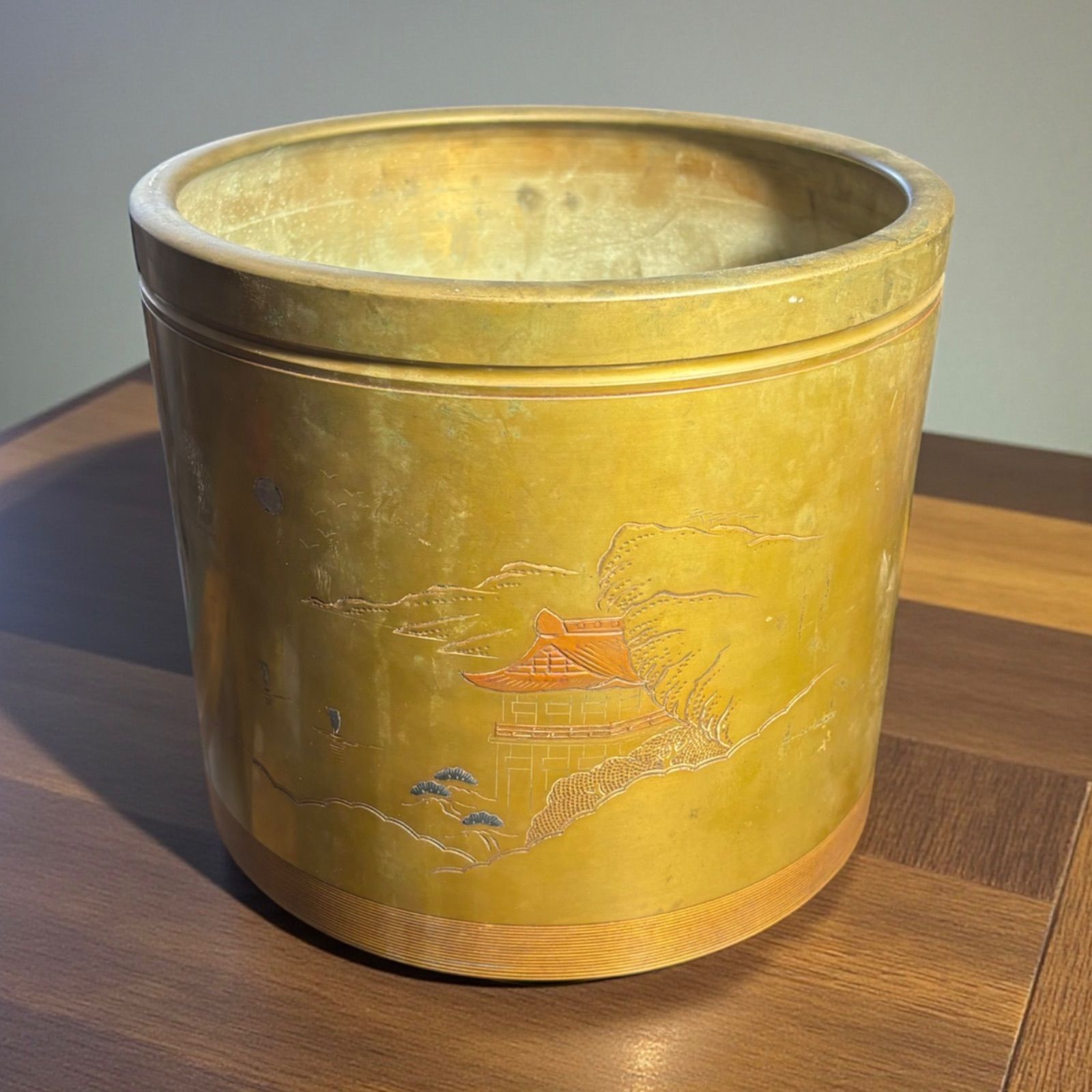 銅火鉢 松山水風景図 火鉢 陶器 時代物 古道具 骨董品 アンティーク