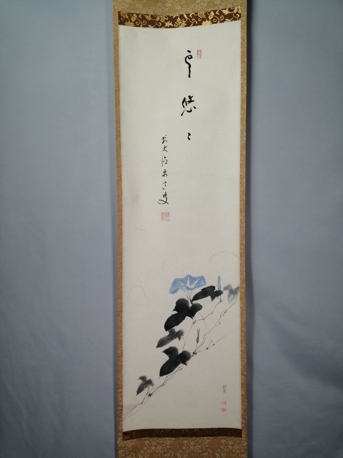 茶道具】大徳寺 雪尾要道和尚筆 朝顔画賛『雲遥々』 茶掛 掛軸 軸C174