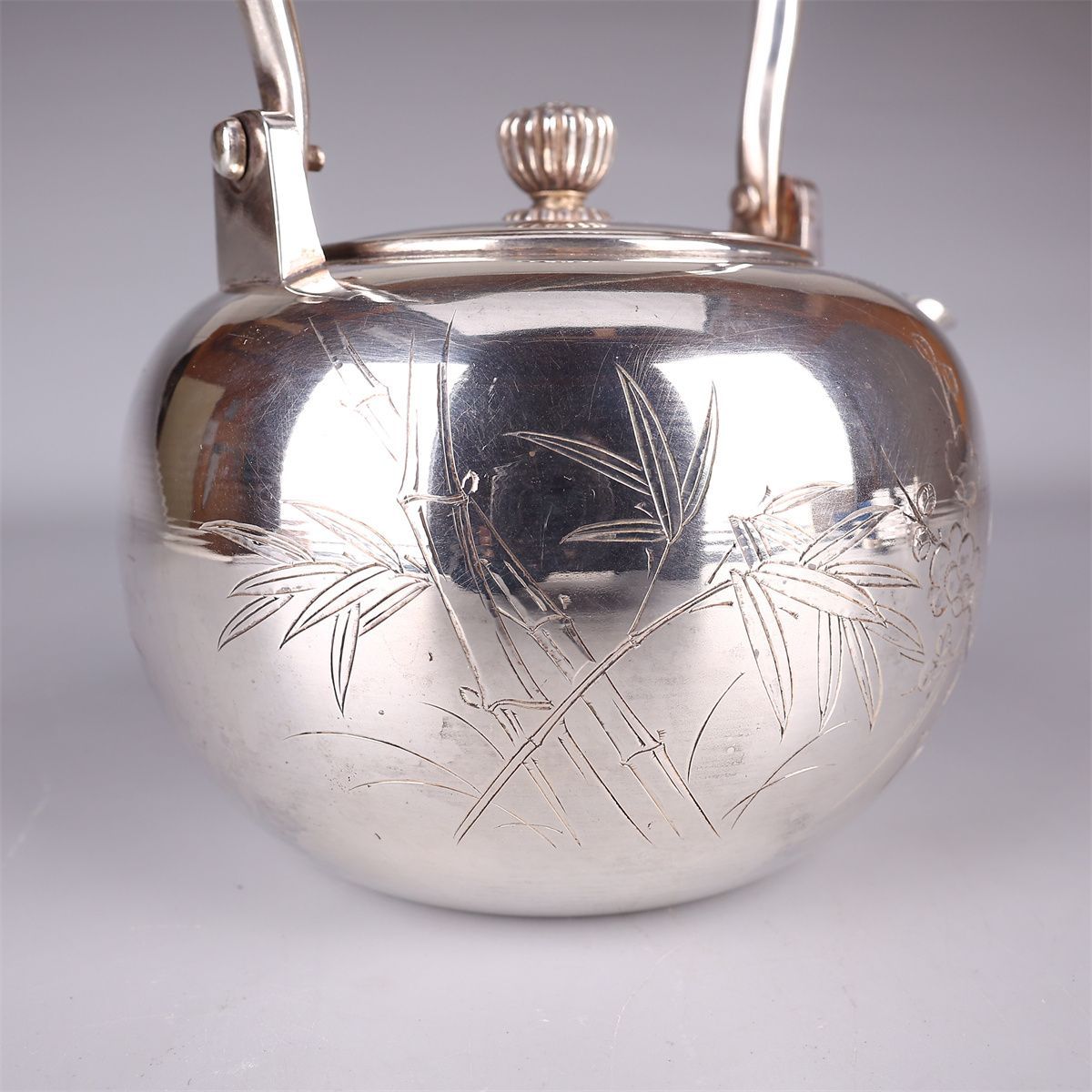 時代 竹影堂造 【純銀製】 蘭文彫刻 銀瓶 急須 茶托 7点セット 重1086g