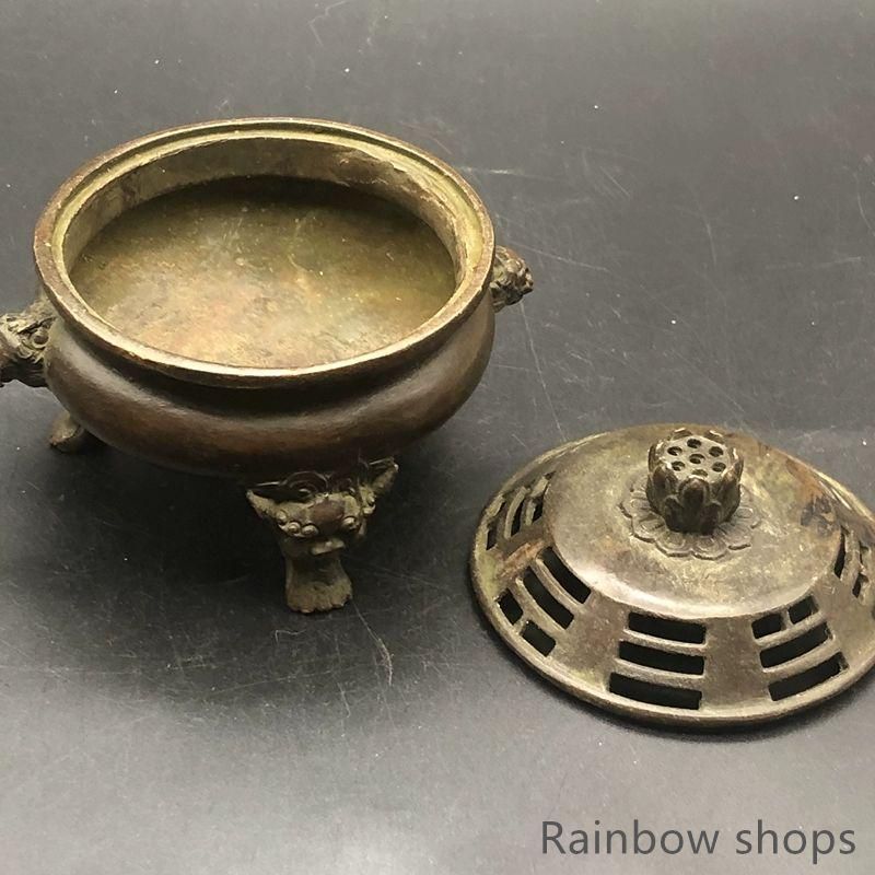 新品・未使用】 銅器 三足双獅頭香炉 蓮華蓋薫香炉 茶道薫香炉 装飾品