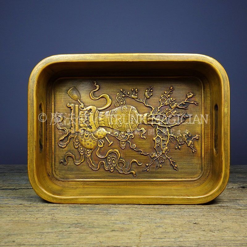 旧家蔵出し 竹黄細密彫 花瓶紋 茶盤 文房賞物 供養品 古美術品 収集家