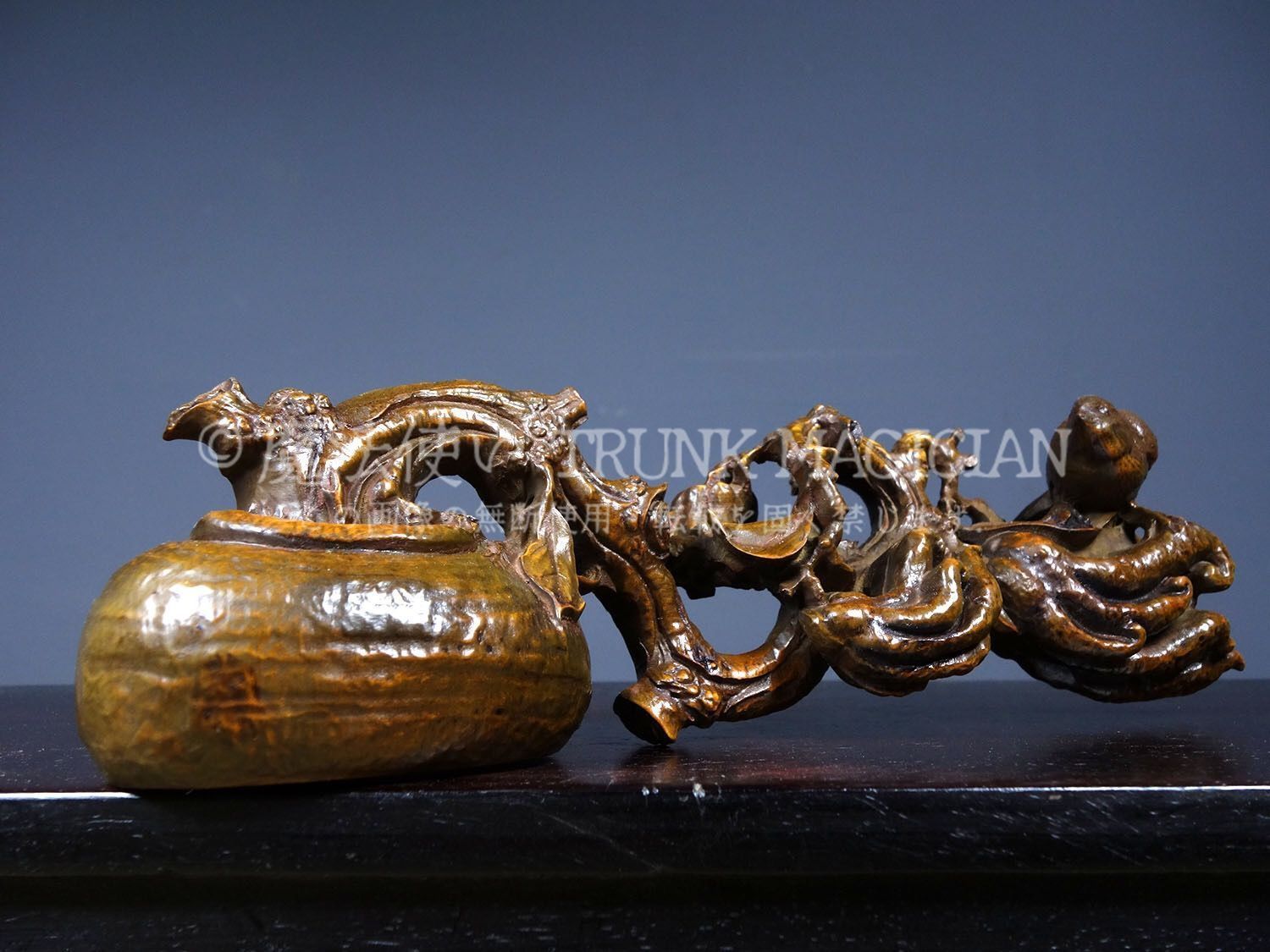 旧家蔵出し 黄楊木細密彫 一生富貴 置物 賞物 文房具 書道品 供養品 古