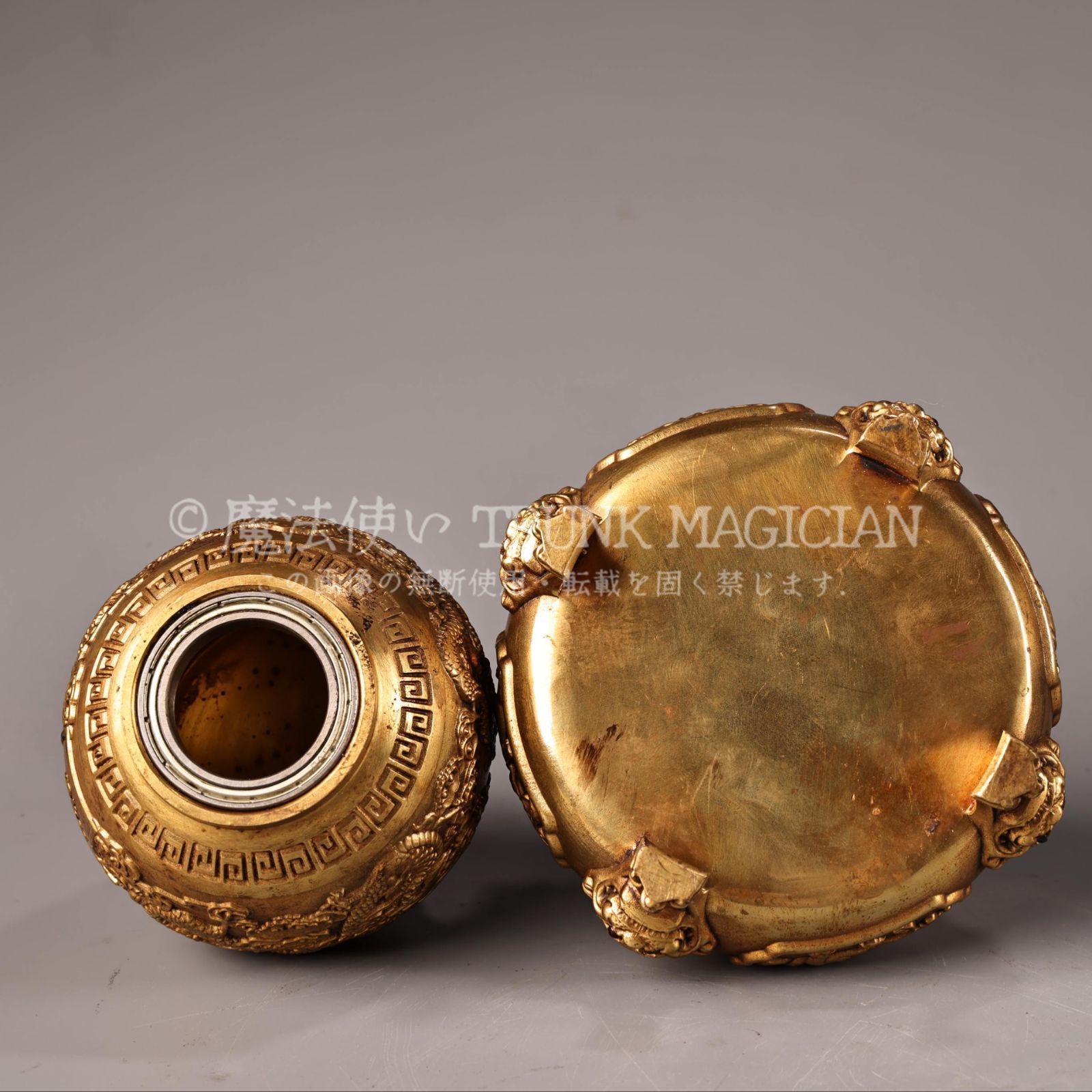 旧家蔵出し 銅製 塗金 時來運轉熏香炉 箱付 香道具 逸品仏具 仏具一般