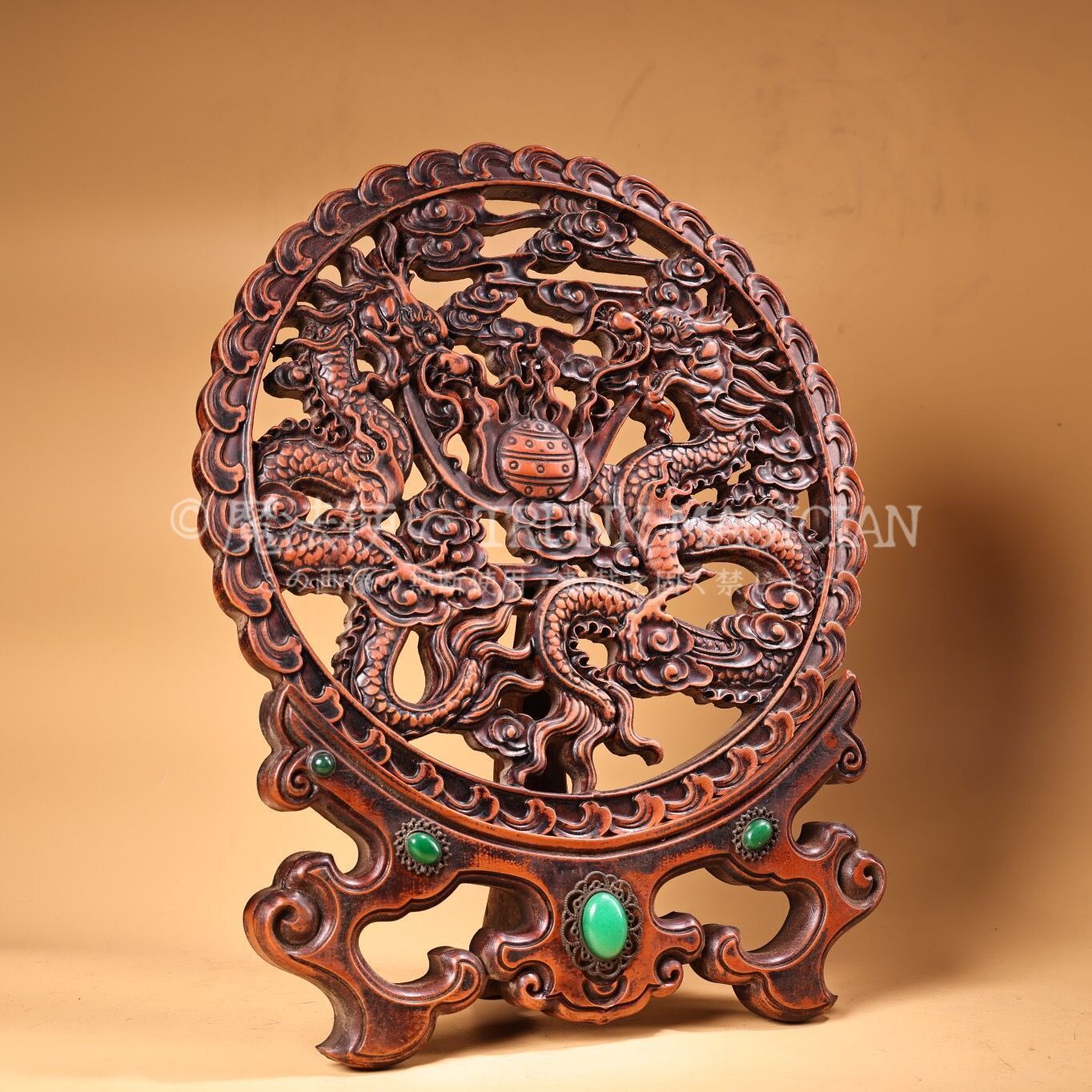 旧家蔵出し 黄楊木細密彫 寶石嵌 二龍戲珠紋 屏風 置物 賞物 供養品 古