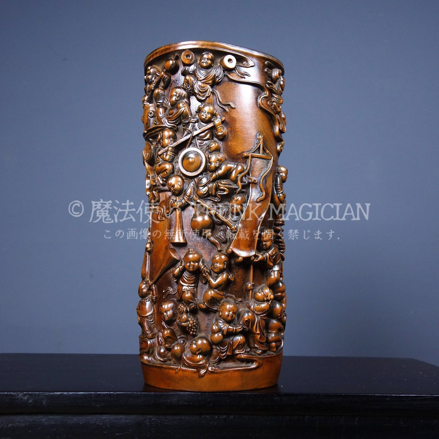 旧家蔵出し 黄楊木細密彫 百子紋 筆筒 筆立 文房具 書道品 供養品 古