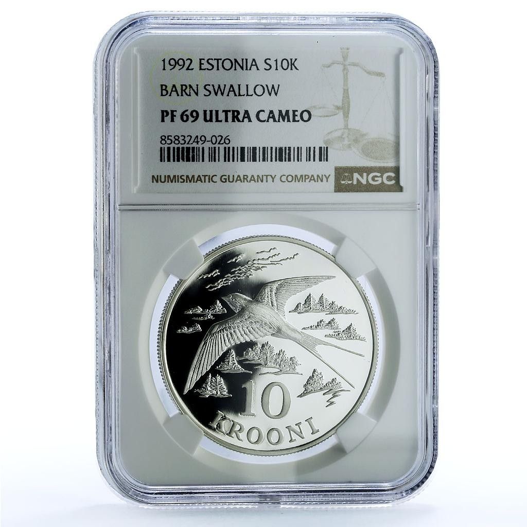 エストニア 10 クルーニ ツバメ KM-26 鳥類動物 PF 69 NGC 銀貨 1992