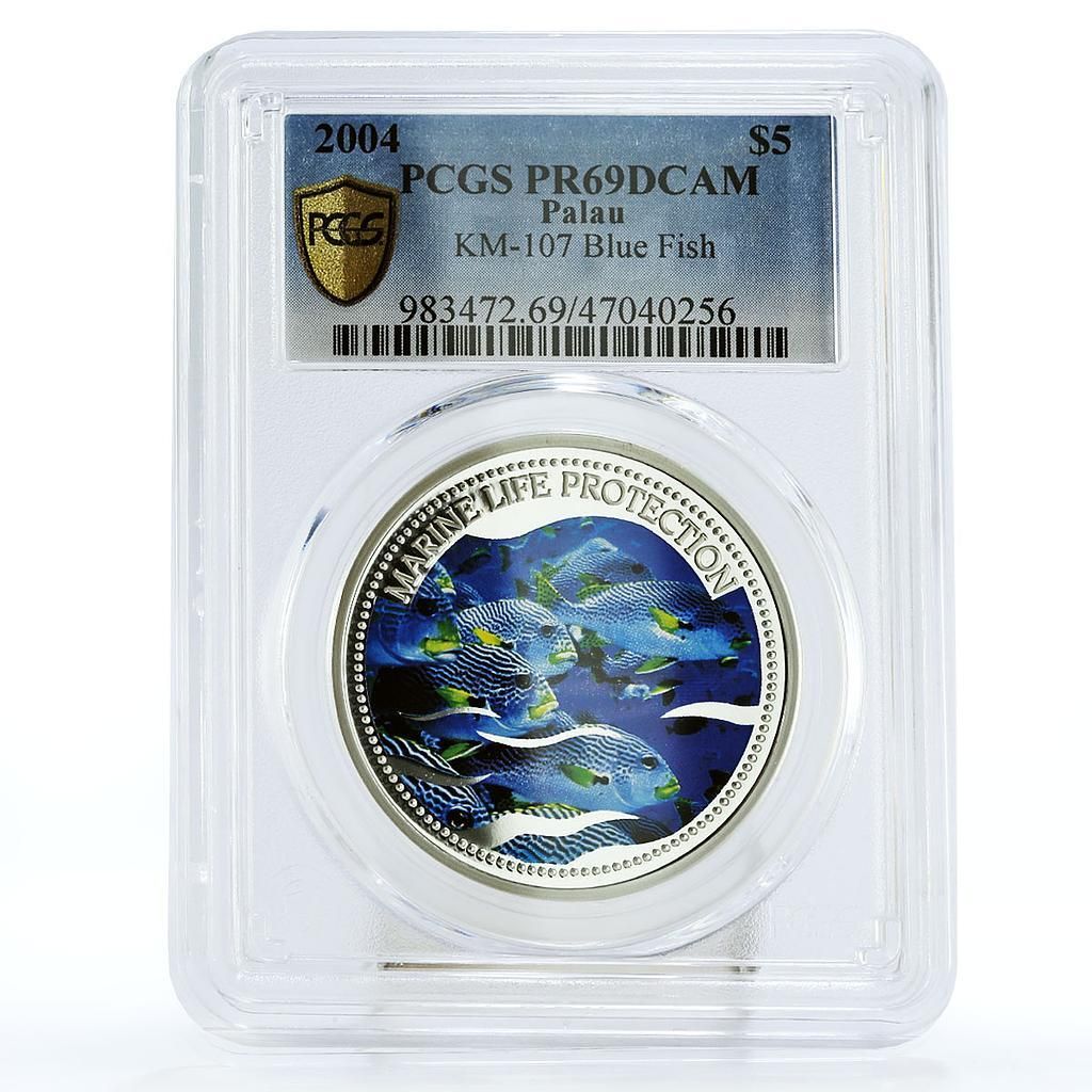 パラオ 5ドル 海洋生物保護 ブルーフィッシュファウナ PR69 PCGS 銀貨