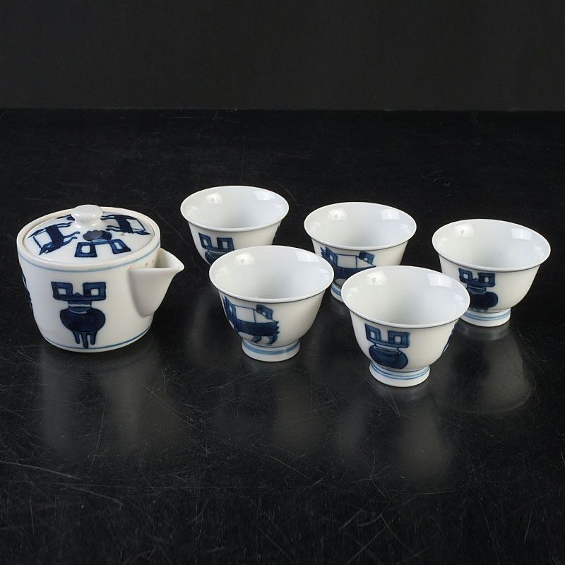 煎茶道具 京焼 平安栄山造 染付 宝瓶 煎茶碗五客 煎茶器セット C S653