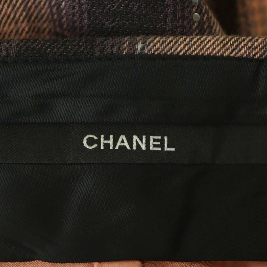 シャネル CHANEL チェック スパンコール タックパンツ ワイド ジッパー