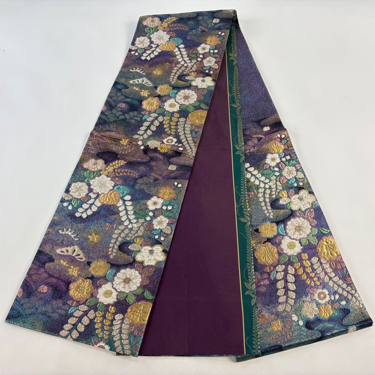 袋帯 秀品 振袖向き やまと 辻が花柄 松 箔 金糸 紫 六通 正絹 【中古