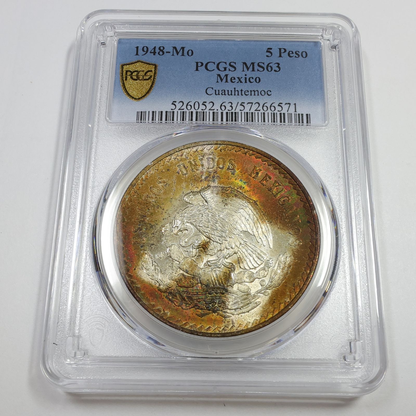1948 Mo PCGS MS63 - メキシコ Td シルバー 5 ペソ クアウテモック