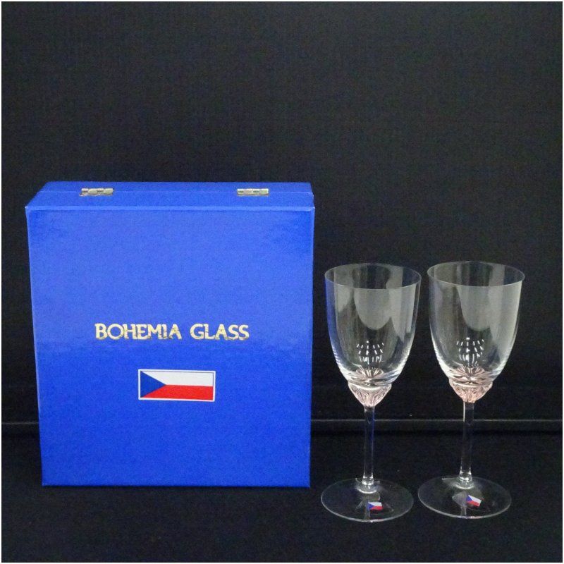 チェコスロバキア製 ボヘミアガラス ワイングラスペア（紙箱） 食器