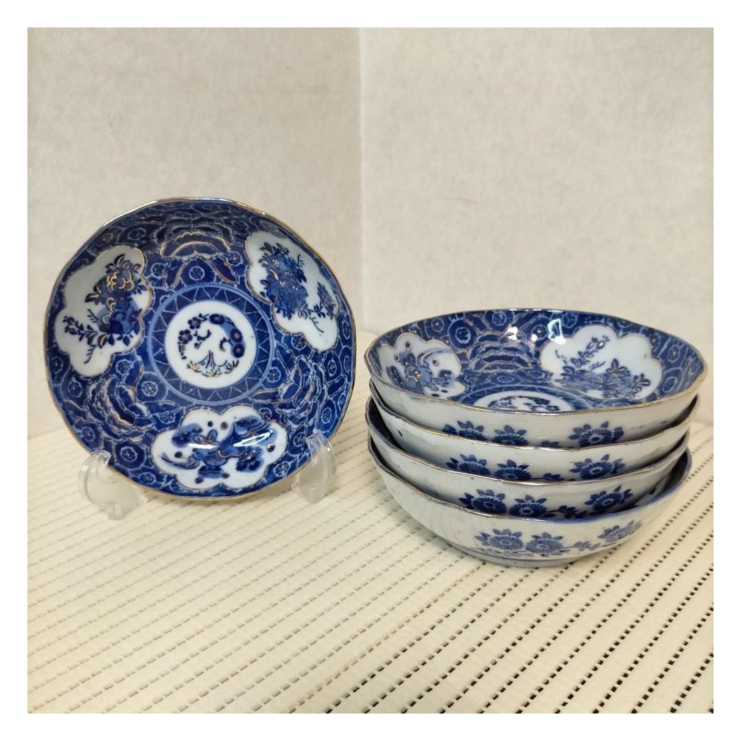 明治大正期】伊万里焼 印判金彩膾皿 5客セット 径14.4cm 和食器磁器染