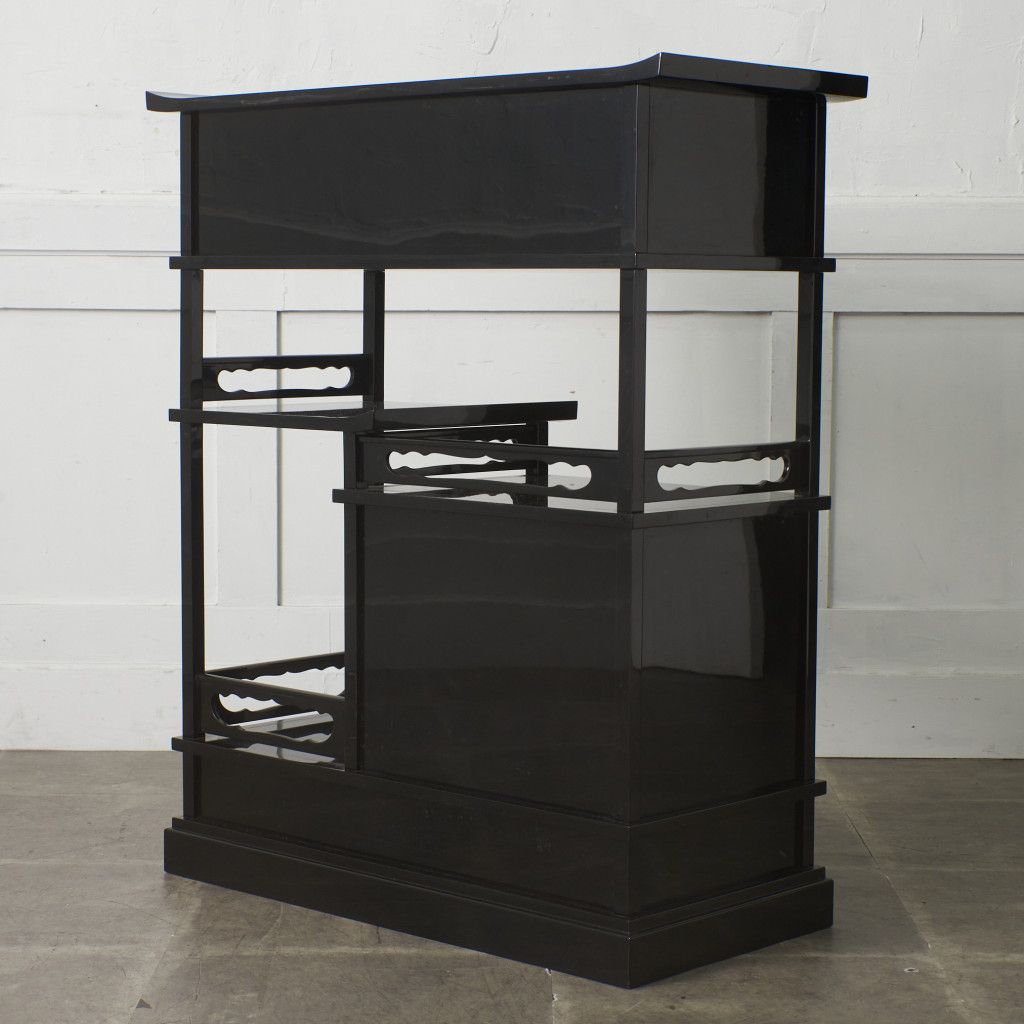 輪島塗 蒔絵 陽斉 銘 漆芸 飾り棚 茶棚 漆黒 漆塗り 蒔絵 違い棚 収納