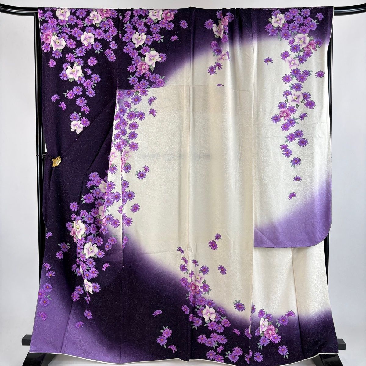 振袖 身丈165cm 裄丈72.5cm L 袷 蘭 草花 銀通し 金糸 濃紫 正絹 逸品