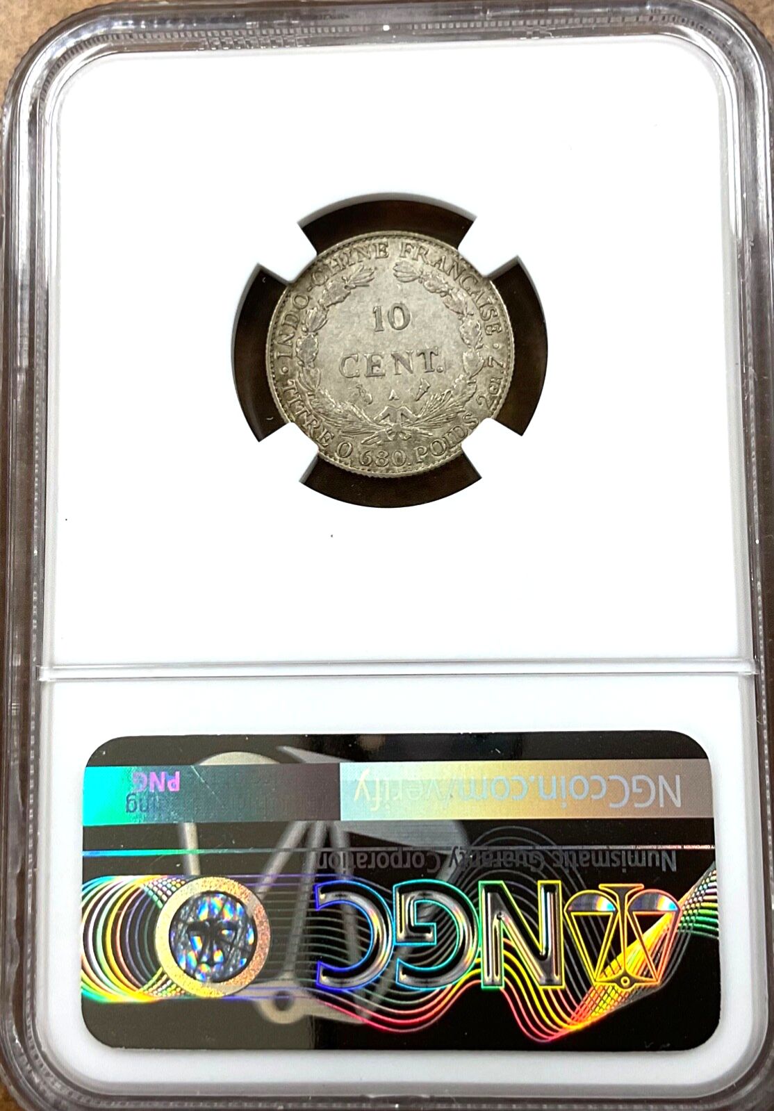 1928年 フランス領インドシナ 10セント銀貨 キーデート KM6.1 NGC AU50