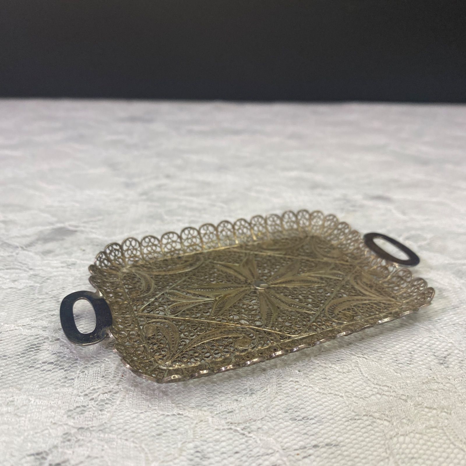 アンティークシルバー800 トレー銀線細工の可愛いミニチュアトレイ