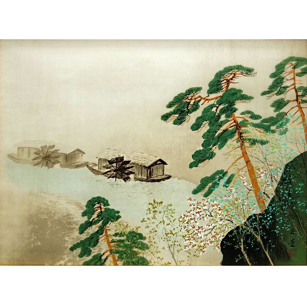 川合玉堂 木版画 古寺の春 版画24×18cm 額44×37cm 川合